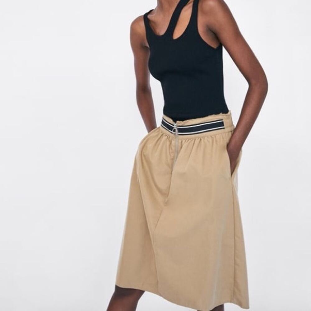 Zara Tan Zip Front Contrast Elastic Waist Skirt Small Knee Length Academia Twee